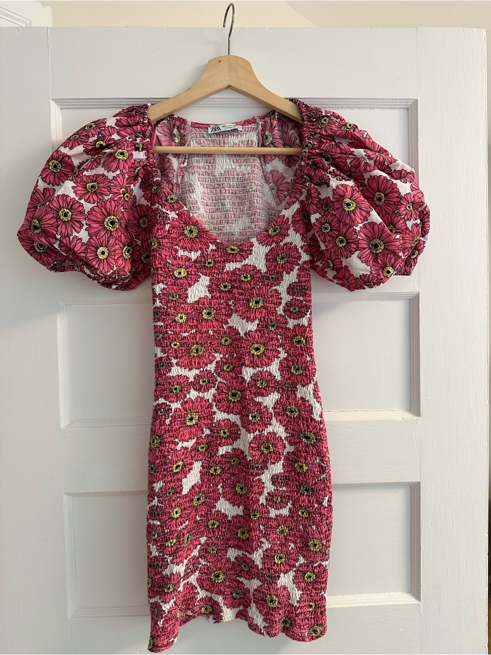 Zara Pink Floral Puff-Sleeve Smocked Mini Dress